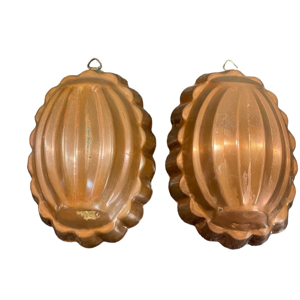 2 Vintage Copper Dessert Molds Portugal Ribbed Oval Dome 6.25” Hanging